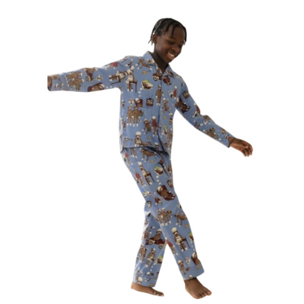 Nick & Nora Sock Monkey Flannel Pajamas PJ Set Long Sleeve Pants Blue Kids Small